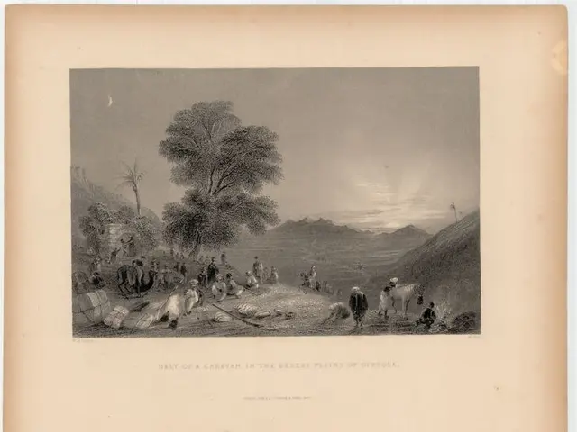 The image shows a black and white drawing of a group of people in the desert, with trees, hills,...
