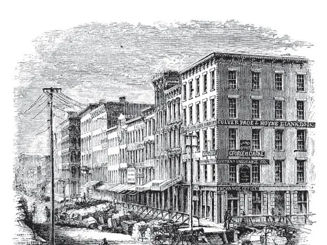 The image shows a black and white drawing of a city street with buildings, electric poles, electric...