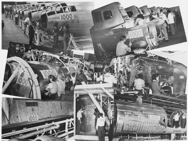 The image shows a black and white photo of a group of people working on an airplane, with a few...