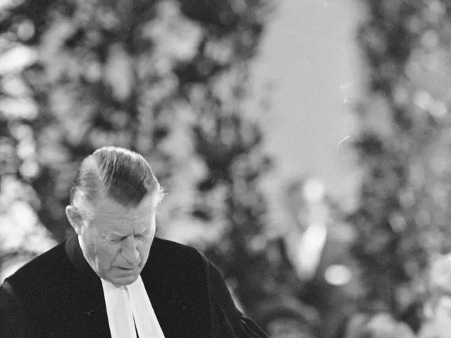 The image shows a man standing at a podium with a microphone in front of him, surrounded by a few...