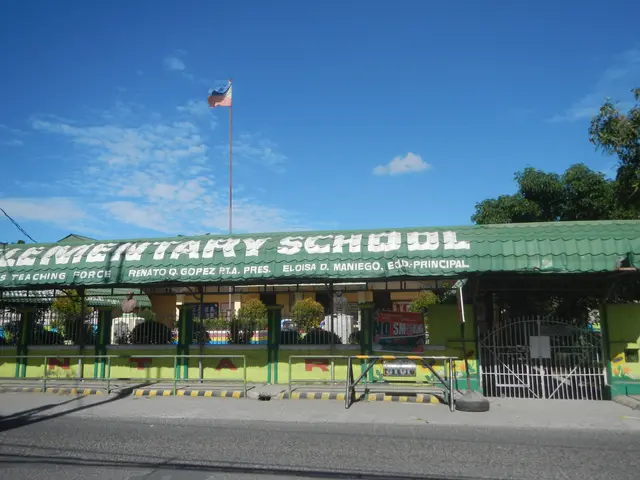 The image shows a school building with a green roof and a flag on top of it, surrounded by a metal...