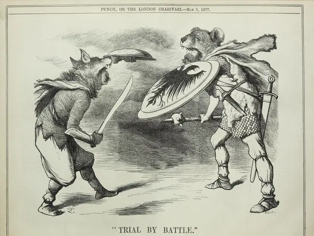 The image shows two people engaged in a fierce battle, each holding a sword and shield in their...