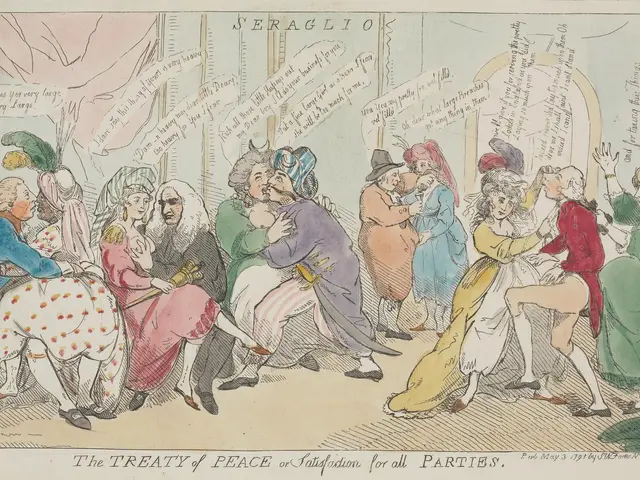 The image shows a paper with a drawing of a group of people, some of whom are sitting and some are...
