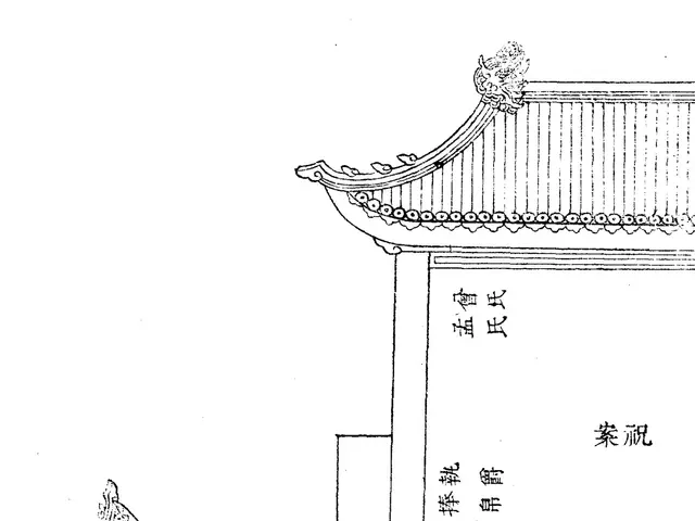 The image shows a drawing of a Chinese building with Chinese writing on it, which appears to be a...
