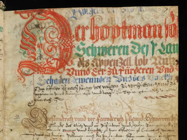 The image shows an open book with a red and green design on it, which is believed to be a bibl...