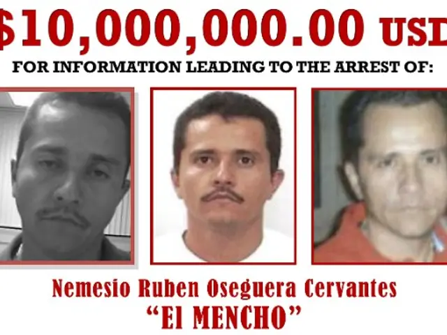 The image shows three men with a white background and the words "$10,000,000 USD for information...