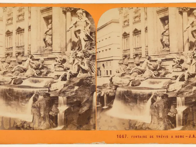 The image shows an old photo of the Trevi Fountain in Rome, Italy. It is a collage of two pictures,...