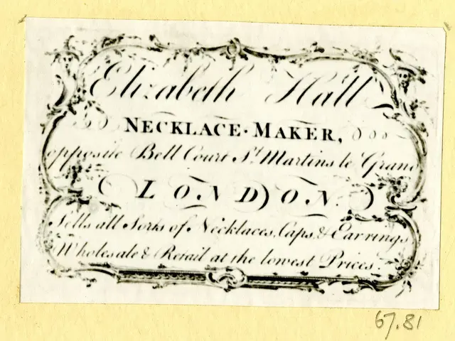 The image shows an old business card with a picture of a necklace maker on it. The card has text...