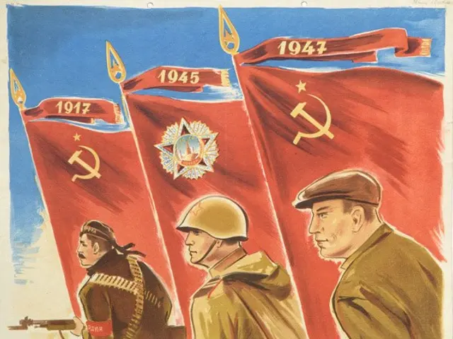 The image shows a Soviet propaganda poster from World War II, depicting three people holding guns...