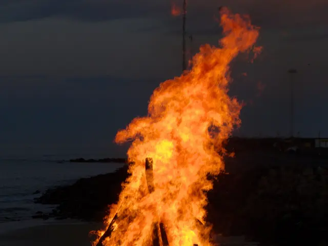 The image shows a bonfire burning on the beach at night, with a person standing in front of it. The...