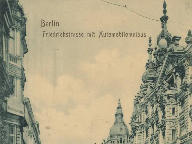 The image shows an old black and white photo of people walking down a street in Berlin, Germany....