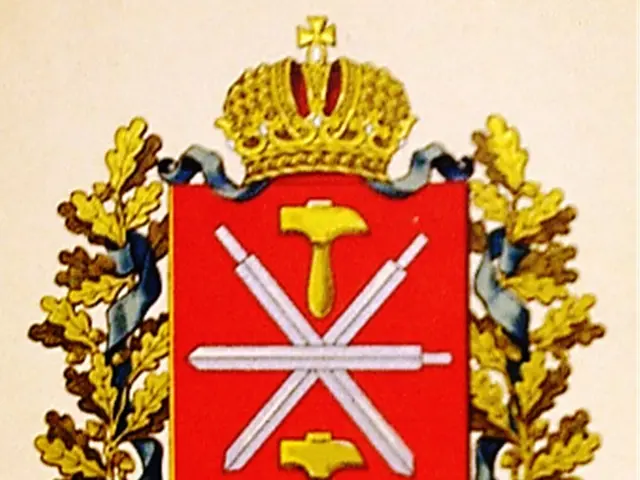 The image shows a poster of the coat of arms of the Russian Empire, featuring a crown at the top...