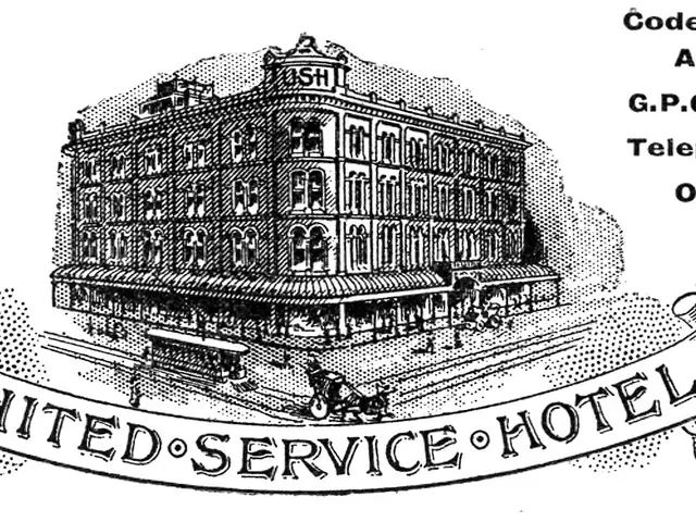 The image shows a black and white drawing of a building with the words "United Service Hotel"...