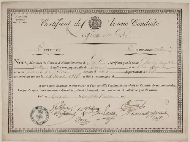 The image shows a certificate issued by the French government of France, with text and a logo on...