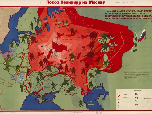 The image shows a poster depicting a map of the Soviet Union during World War II, with text and...