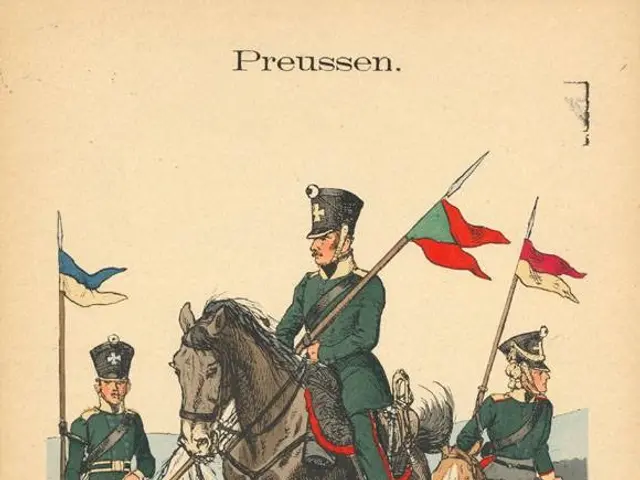 The image shows an old book with a drawing of a group of men on horseback, wearing uniforms and...