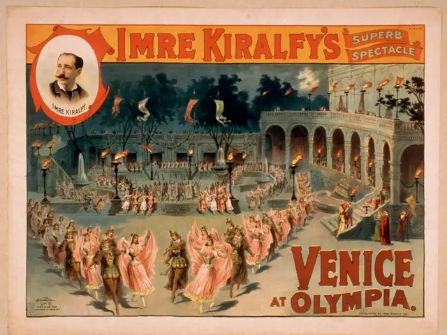 The image shows a poster of Imre Kiralfy's Super Spectacle in Venice at Olympia. It features a...