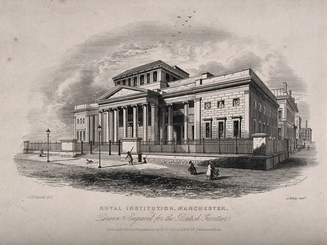 The image shows a drawing of the Royal Institution in Manchester, England. It is a black and white...