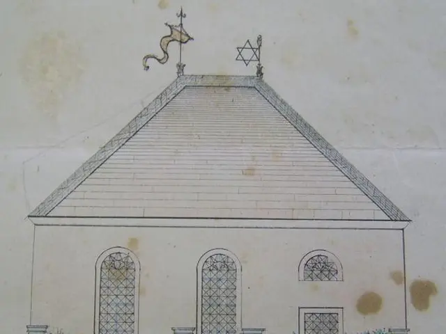 The image shows a drawing of a building with a fence and a star on top, which is believed to be a...