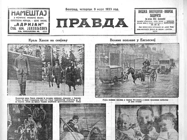 The image shows a newspaper with a variety of pictures on it, including people, vehicles,...
