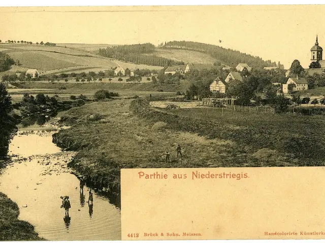 The image shows an old photo of a river with people walking along it, surrounded by trees,...