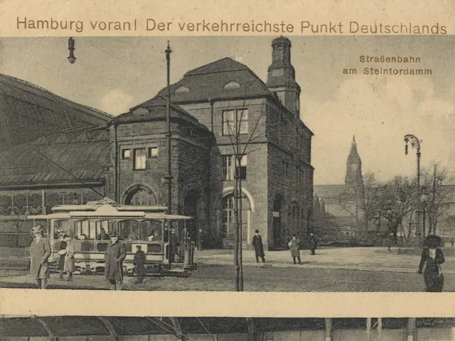 The image shows an old postcard of a train station in Hamburg, Germany. It features a building with...