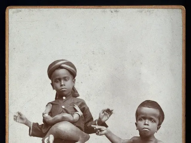 The image shows an old black and white photo of two children standing side by side. The boy on the...