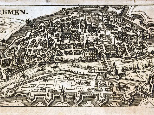 The image shows an old map of the city of Bremen, Germany. It is a paper with a detailed drawing of...