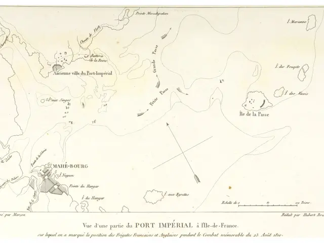 The image shows a paper with a map of the port imperial of France, with text written on it. The map...