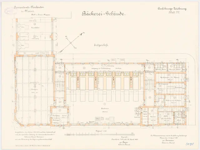 The image shows a drawing of a floor plan of a building with a lot of rooms, which is believed to...