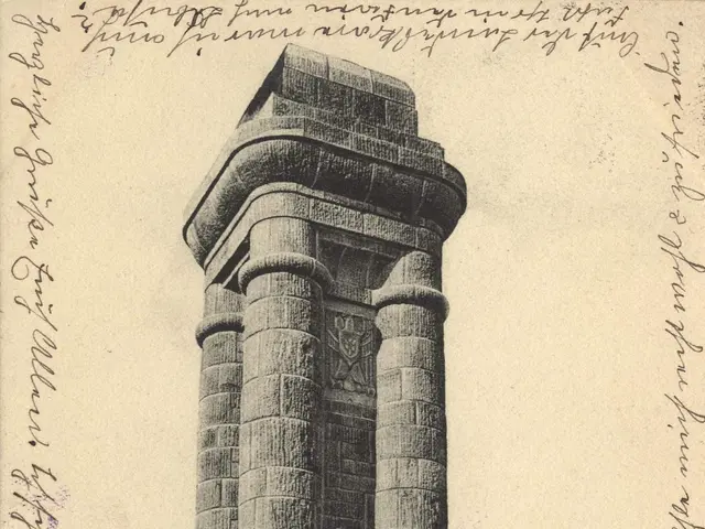 The image shows an old postcard with a drawing of a monument in the middle of it, surrounded by...