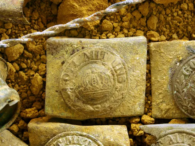 The image shows a pile of gold coins sitting on top of a dirt ground, with a few stones and a metal...