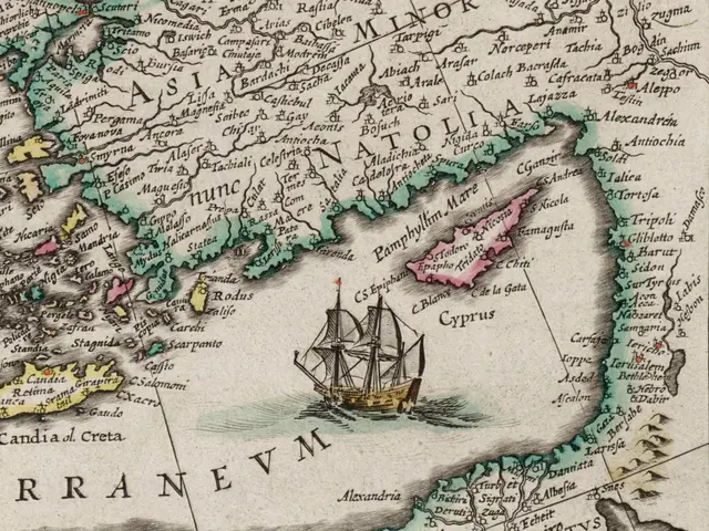 The image shows an old map of the Mediterranean Sea with a ship sailing across it. The map is...
