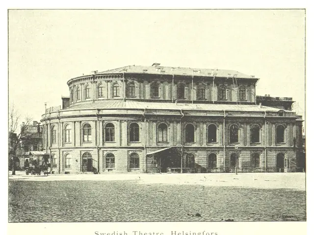 The image shows a black and white photo of the Swedish Theatre in Helsinki, with a few people...