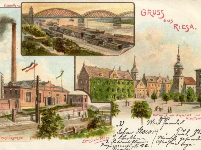The image shows an old postcard with a picture of a cityscape featuring buildings, trees, poles,...