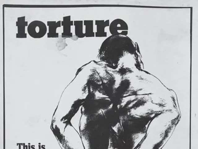 The image shows a poster with a black and white image of a man in handcuffs, with the words...