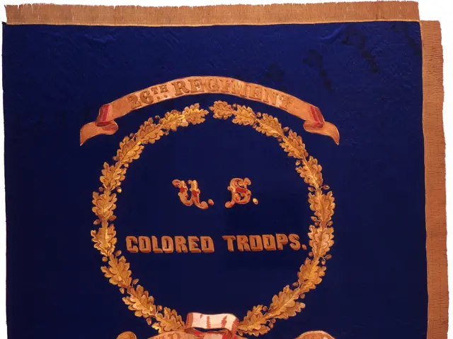 The image shows a blue and gold banner with the words "U.S. Colored Troops" written on it against a...