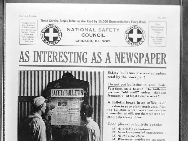The image shows a black and white photo of three people standing in front of a newspaper with the...