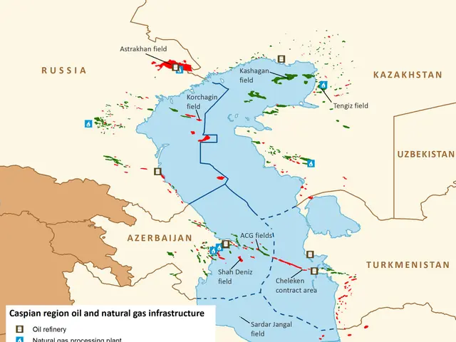 The image shows a poster with a map of the Caucasus region and its natural gas infrastructure. The...