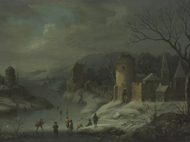 The image shows a winter landscape with figures skating on a frozen river, surrounded by trees,...