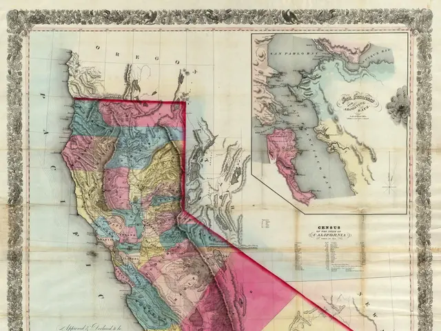 The image shows an old map of the state of California, with the counties of California clearly...