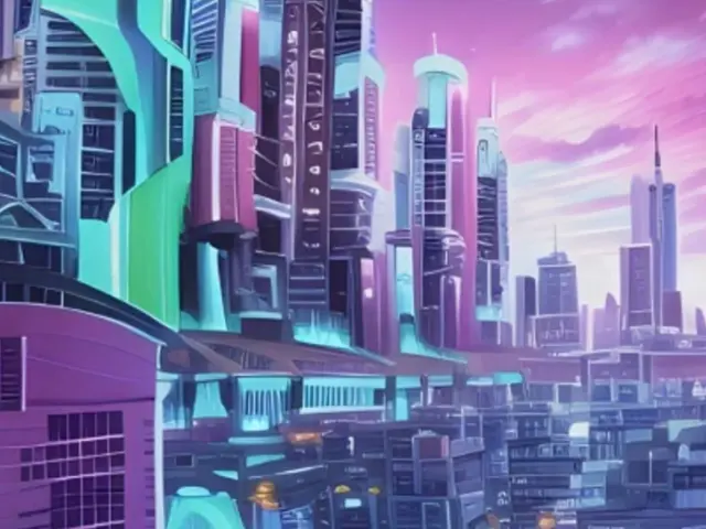 The image shows a futuristic city with tall buildings in the foreground and a pink sky in the...