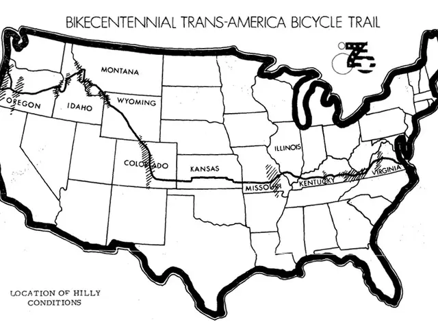 The image shows a black and white map of the United States with the words "Bike Centennial...
