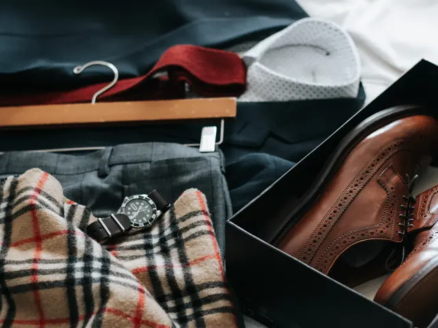The image shows a box filled with a variety of items, including a pair of shoes, a watch, a cloth,...