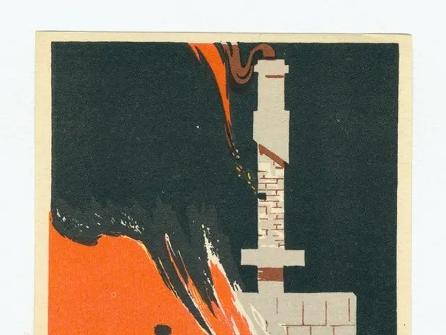 The image shows a poster of a building engulfed in flames with smoke billowing out of it, set...