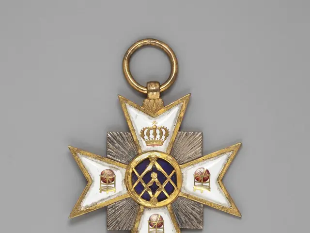The image shows a gold and enamel masonic order of the star of the Russian Federation, with a grey...