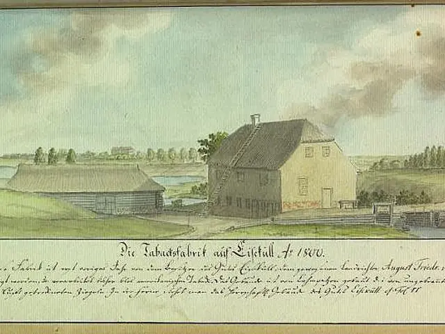 The image shows a painting of a farm in the middle of a field, surrounded by houses, trees, grass,...
