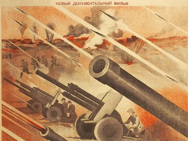 The image shows a Russian propaganda poster for the Soviet Union depicting a group of people firing...