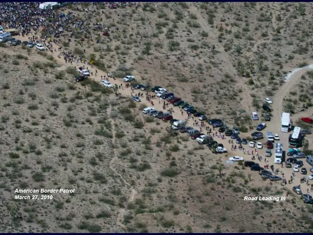 The image shows an aerial view of a long line of cars parked in the desert, with people and plants...