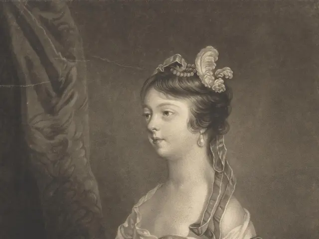 The image shows a black and white portrait of Lady Charlotte Fitzwilliam, Duchess of York, wearing...